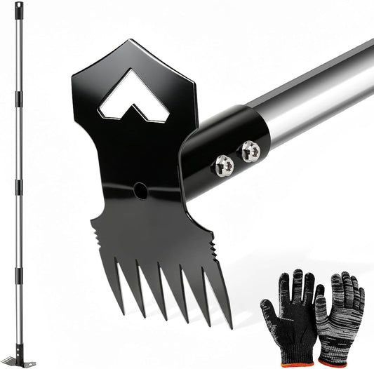 60" Weed Puller Tool with Long Handle, 2-in-1 Weed Rake & Garden Hoe, Stand Up Weeding Tools Gardening, Heavy Duty Steel Weeder Tool, Manual Uprooting Weed Remover Tool for Yard, Lawn, Patio, Garden