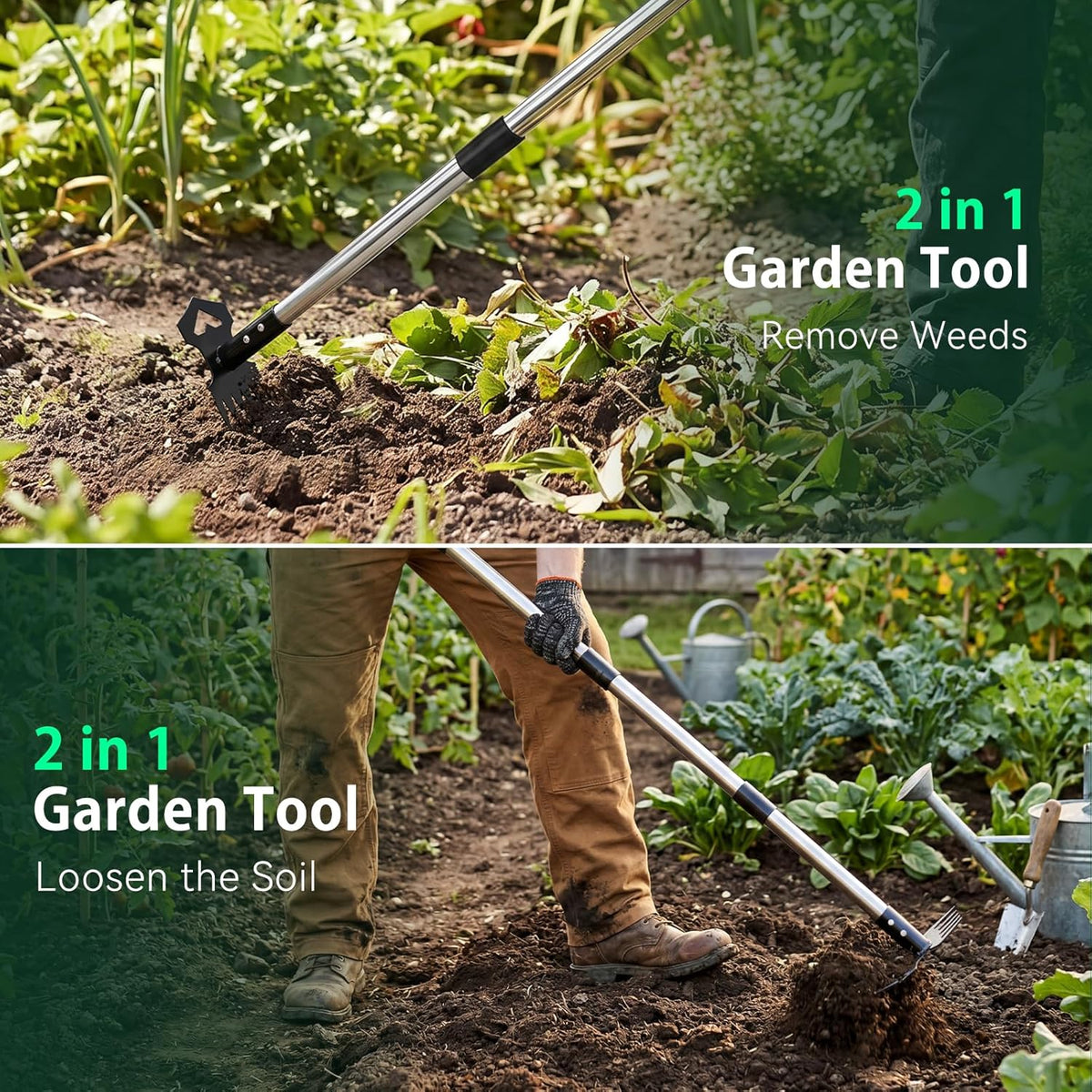 60" Weed Puller Tool with Long Handle, 2-in-1 Weed Rake & Garden Hoe, Stand Up Weeding Tools Gardening, Heavy Duty Steel Weeder Tool, Manual Uprooting Weed Remover Tool for Yard, Lawn, Patio, Garden