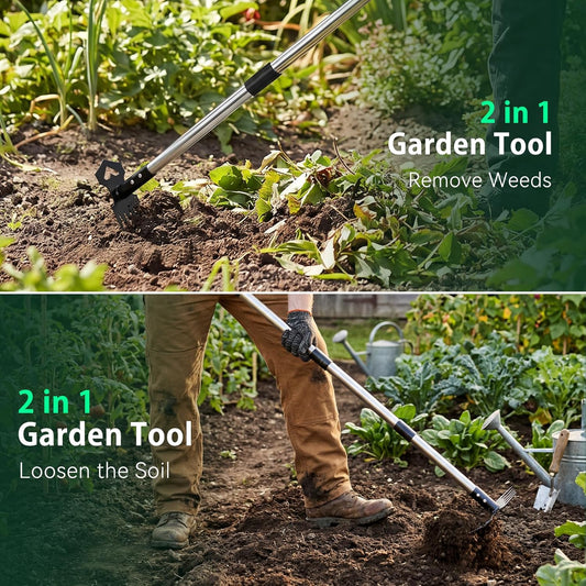 60" Weed Puller Tool with Long Handle, 2-in-1 Weed Rake & Garden Hoe, Stand Up Weeding Tools Gardening, Heavy Duty Steel Weeder Tool, Manual Uprooting Weed Remover Tool for Yard, Lawn, Patio, Garden