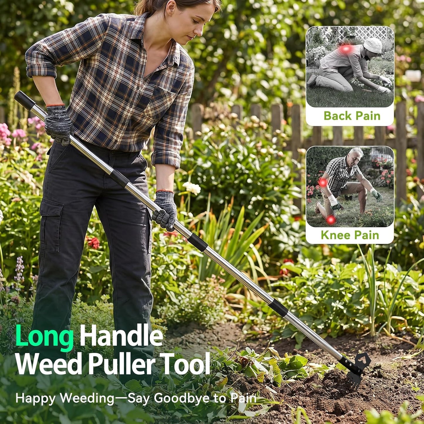60" Weed Puller Tool with Long Handle, 2-in-1 Weed Rake & Garden Hoe, Stand Up Weeding Tools Gardening, Heavy Duty Steel Weeder Tool, Manual Uprooting Weed Remover Tool for Yard, Lawn, Patio, Garden