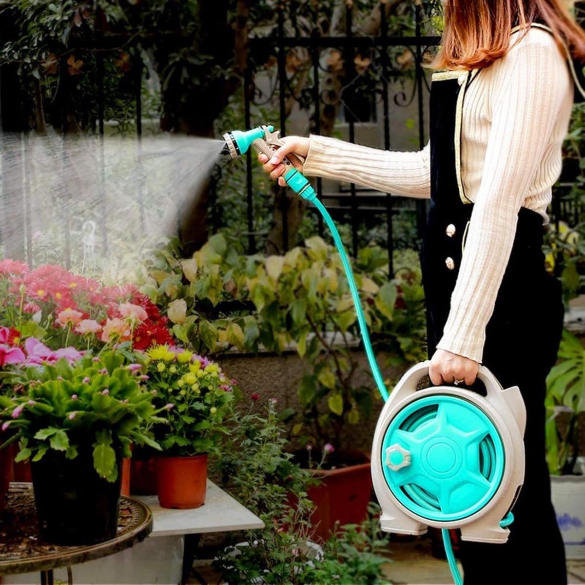 YEFA Retractable Garden Hose Reel - Convenient 50 FT Portable Hose with 6-Function Spray Nozzle for Versatile Watering, Cleaning, and More (Green)