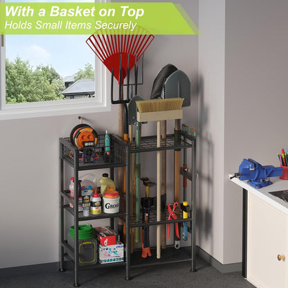 keomaisyto Garden Tool Organizer, Heavy Duty Yard Tool Tower Rack for Garage Organization and Storage, 3 Tier Utility Garden Tool Rack with hooks for Garden/Shed/Garage/Yard/Basement/Lawn