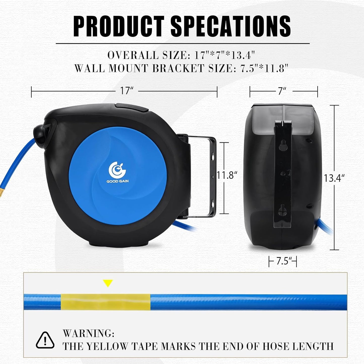 Air Hose Reel Retractable 3/8 in. x 50 ft Hybrid Polymer Hose, Retractable Auto-Rewind Enclosed Heavy Duty 180° Swivel Mount, Max 300PSI Commerical Polypropylene Grey
