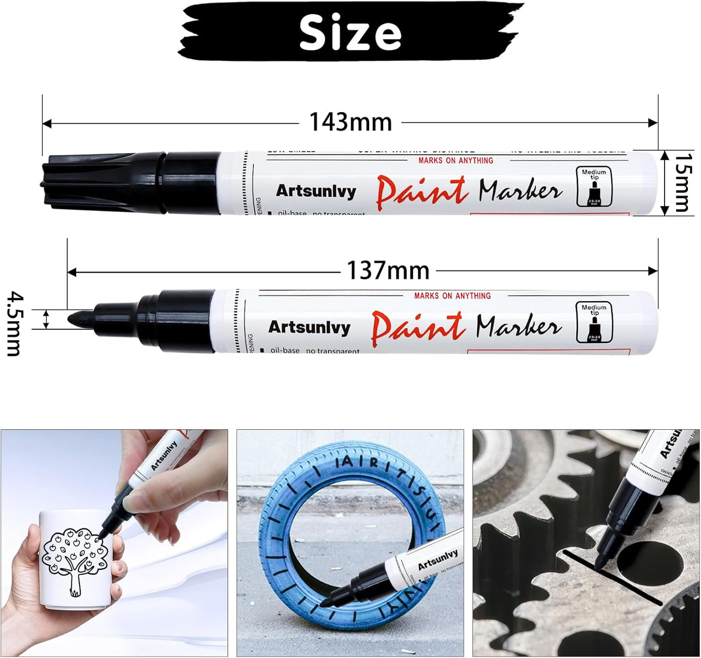 Artsunlvy White Paint Pens marking pens Permanent Markers - 2 Pack Oil Based Waterproof Markers for Tire, Rubber,Wood, Rocks, Metal, Canvas,Plastic, Dark Surface,Craft office Supplies,Medium Point