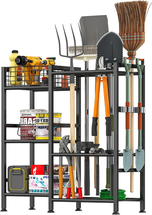 keomaisyto Garden Tool Organizer, Heavy Duty Yard Tool Tower Rack for Garage Organization and Storage, 3 Tier Utility Garden Tool Rack with hooks for Garden/Shed/Garage/Yard/Basement/Lawn