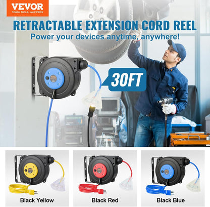 65FT Retractable Extension Cord Reel, Heavy Duty 12AWG/3C SJTOW Cord