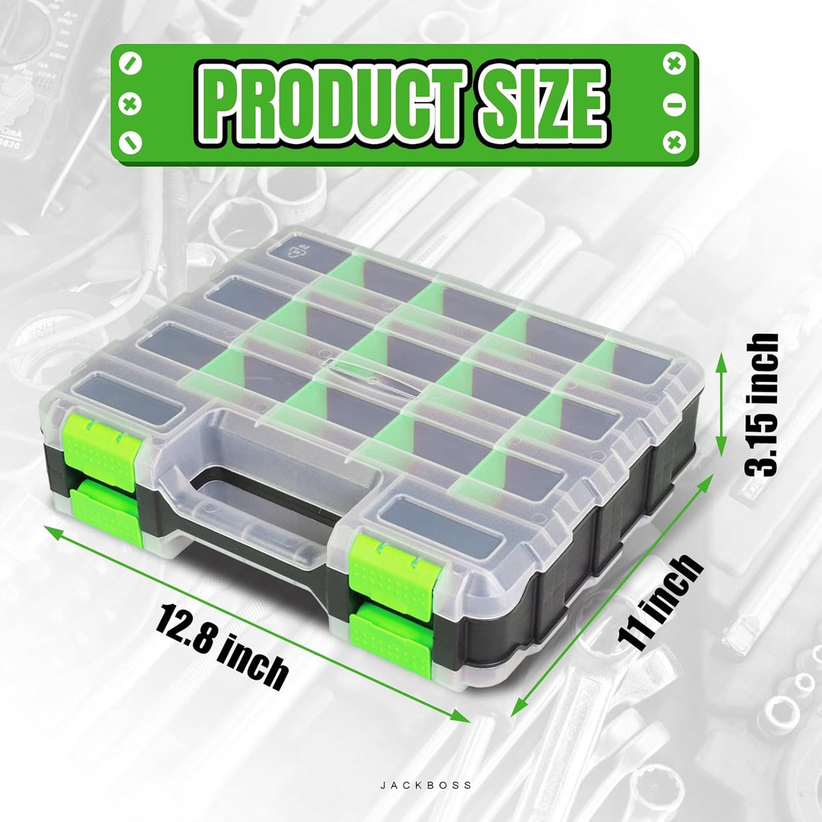 Jack Boss Tool Box with Transparent Lid, Double Side 34-Compartments Organizer Box with Removable Dividers for Hardware, Screws, Bolts, Nails, Beads, Jewelry and Fishing Accessories, Orange, 2 Pack