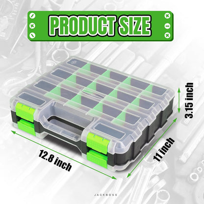 Jack Boss Tool Box with Transparent Lid, Double Side 34-Compartments Organizer Box with Removable Dividers for Hardware, Screws, Bolts, Nails, Beads, Jewelry and Fishing Accessories, Orange, 2 Pack