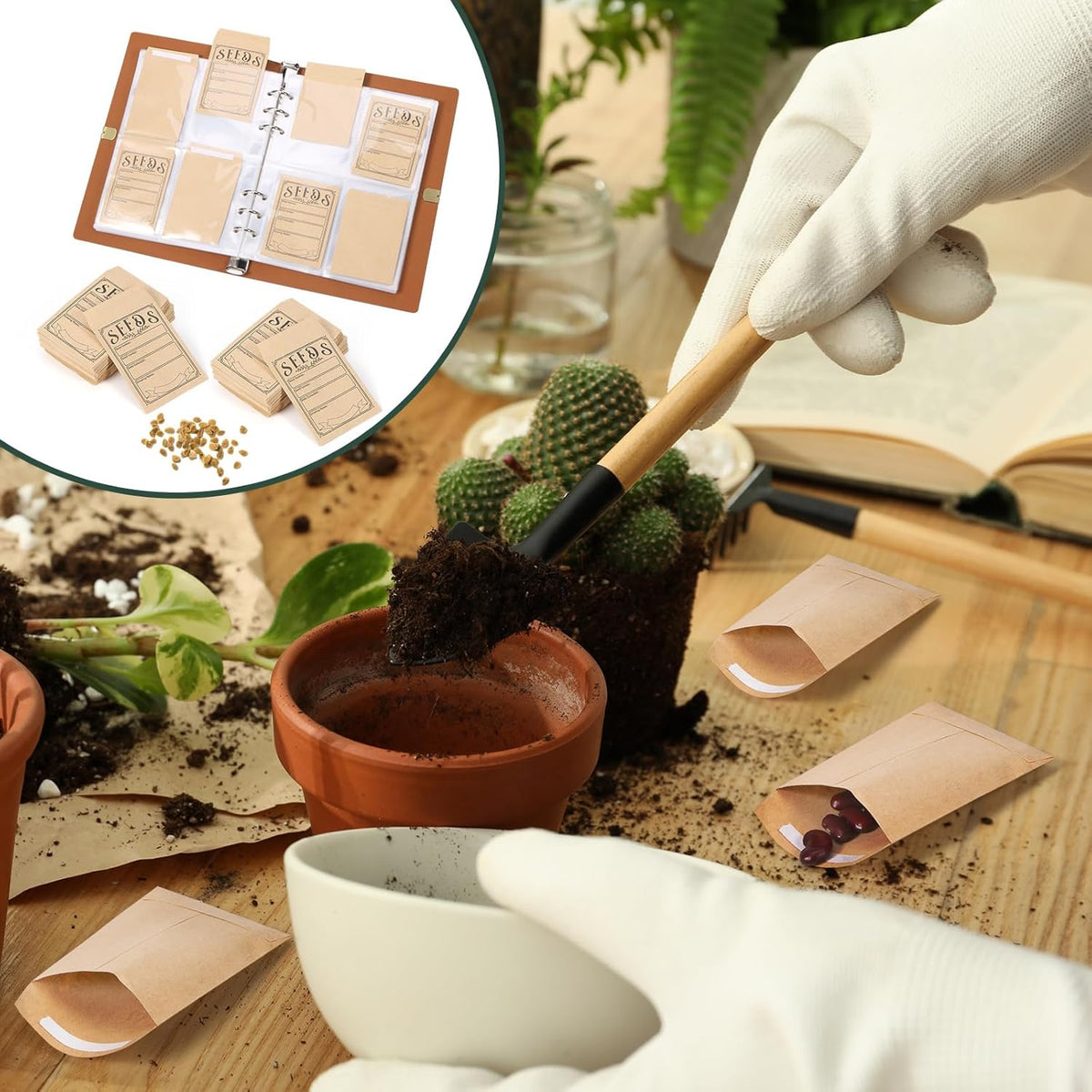 Garden Seed Storage Organizer Binder - 150 Resealable Seed Envelopes Brown Shell with 40 Sheet Protectors for Efficient Seed Packet Organization - Brown