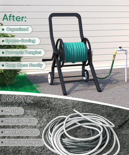Artigarden Garden Hose Reel Cart with Wheels, Outdoor Heavy Duty Powder-coated Steel Water Storage Winder Holder, Holds 125 ft of 5/8’’ Hose with 3.9 Ft Leader Hose for Outside Lawn Yard, Black