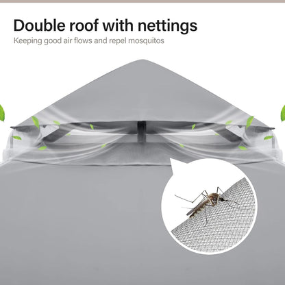 10x20 Gazebo Canopy with 100FT String Lights, Metal Heavy Duty Patio Canopy Tent with Double Roofs, Mosquito Nettings and Privacy Screens for Backyard, Garden, Lawn, Gray