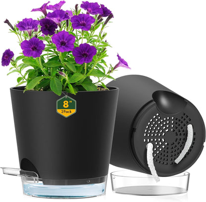 Meowell Self Watering Pots Pack of 6 – Different Size 4" to 7" Indoor Plant Pots with Drainage Holes and Clear Reservoir for Visible Water Level, Plastic Wicking Planters for House Plants, White