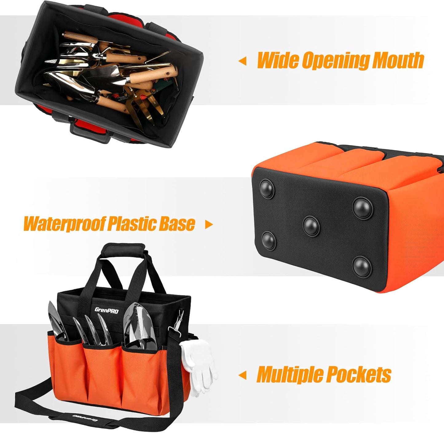 GrenPRO Garden Tool Bag Molded Bottom, Heavy Duty Tool Tote Toolbox with 10 Pockets, Reinforced & Top Snap Closure for Gardening Tools Storage, Dark Green(Tools Not Included)
