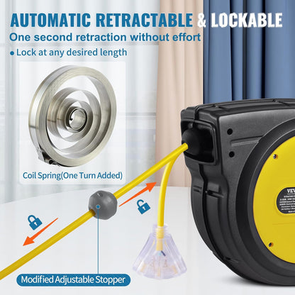 65FT Retractable Extension Cord Reel, Heavy Duty 12AWG/3C SJTOW Cord