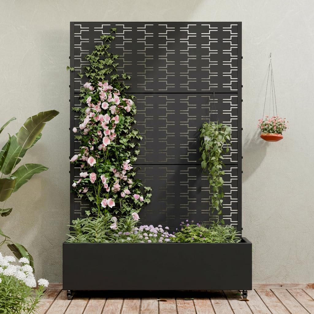 Casaphoria Metal Raised Garden Bed with Trellis and Wheels, 72"x47"x16" Planter Box for Climbing Plants, Vegetables & Vines, Features Drainage Holes and Privacy Screen (Black-Louver) - Colors B