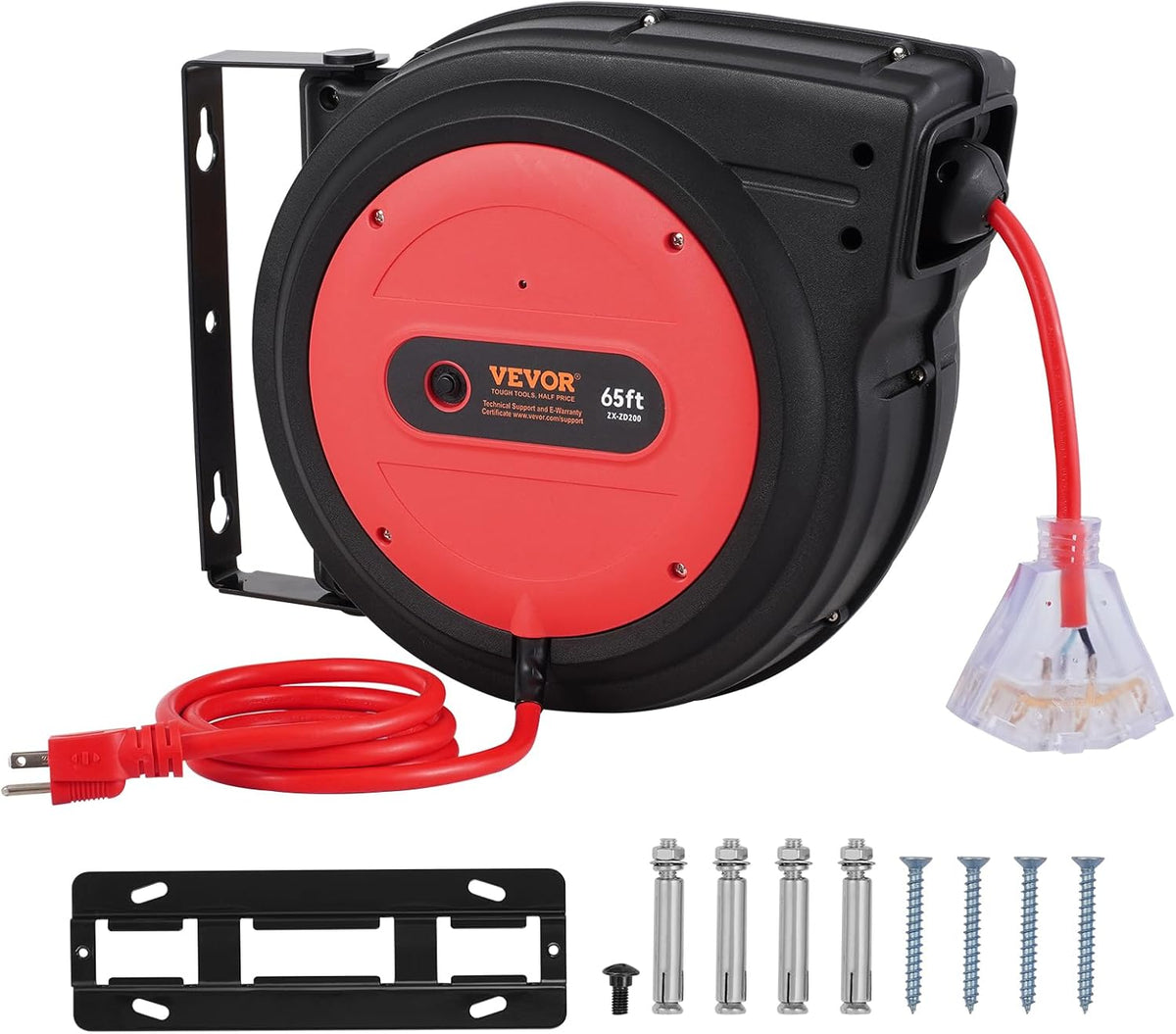 65FT Retractable Extension Cord Reel, Heavy Duty 12AWG/3C SJTOW Cord