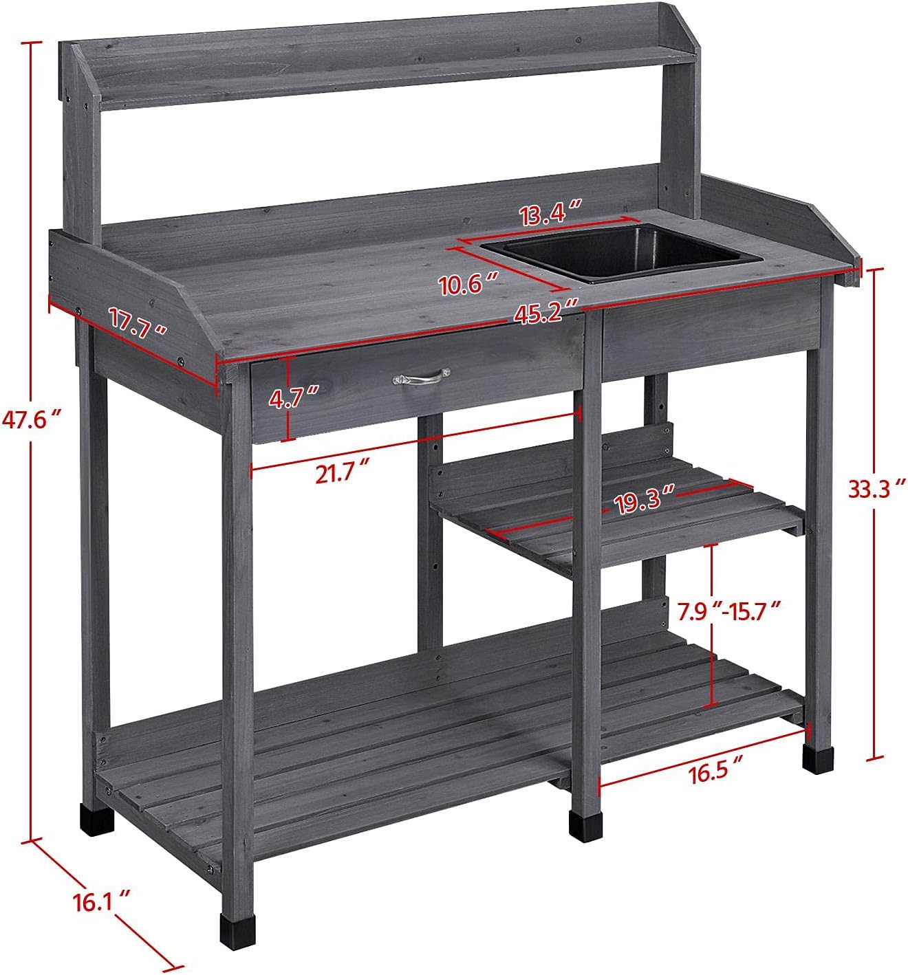 Yaheetech Potting Bench Outdoor Garden Work Bench Station Planting Solid Wood Construction for Horticulture w/Sink Drawer Rack Shelves Natural Wood