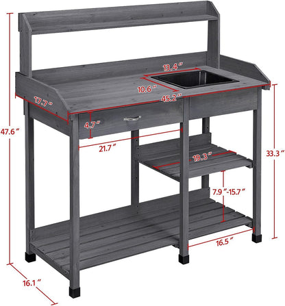 Yaheetech Potting Bench Outdoor Garden Work Bench Station Planting Solid Wood Construction for Horticulture w/Sink Drawer Rack Shelves Natural Wood