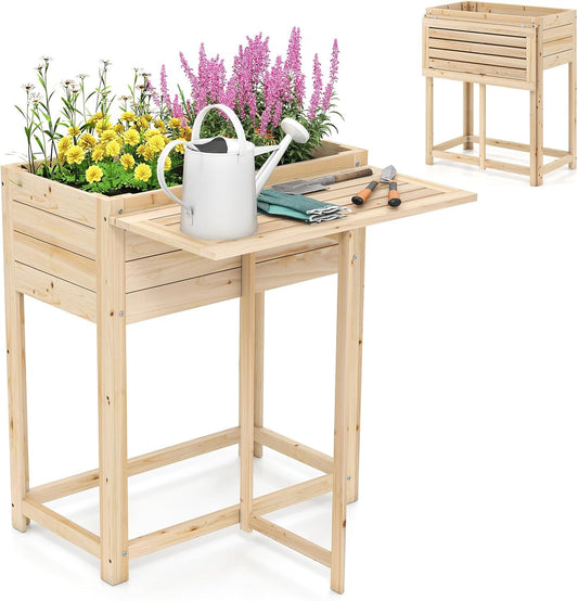 Giantex Wood Raised Garden Bed w/Folding Drop-Leaf Potting Table, Planter Box for Flower Herb Vegetable Fruit, Indoor Outdoor Elevated Raised Beds for Gardening, Backyard, Patio, Balcony