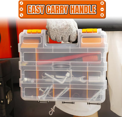 Jack Boss Tool Box with Transparent Lid, Double Side 34-Compartments Organizer Box with Removable Dividers for Hardware, Screws, Bolts, Nails, Beads, Jewelry and Fishing Accessories, Orange, 2 Pack