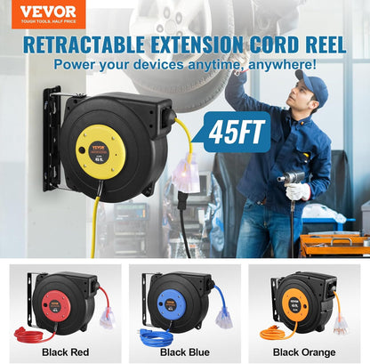 65FT Retractable Extension Cord Reel, Heavy Duty 12AWG/3C SJTOW Cord