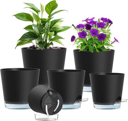 Meowell Self Watering Pots Pack of 6 – Different Size 4" to 7" Indoor Plant Pots with Drainage Holes and Clear Reservoir for Visible Water Level, Plastic Wicking Planters for House Plants, White