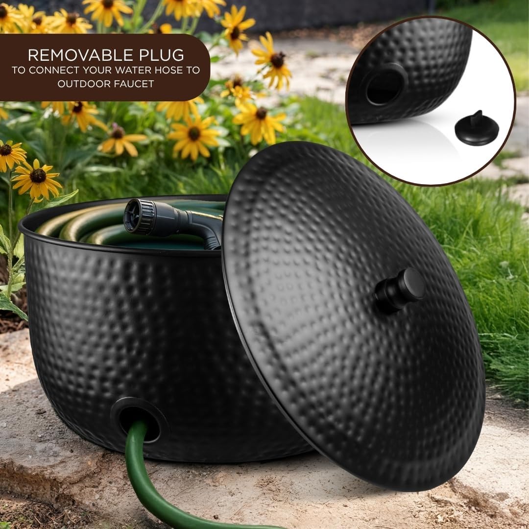Monarch Abode Garden Hose Holder with Lid – Decorative Water Hose Holders for Outside, Hand Hammered Metal Matte Black Pot with Drainage, 100ft Waterhose Holder for Outside, Garden Storage Caddy