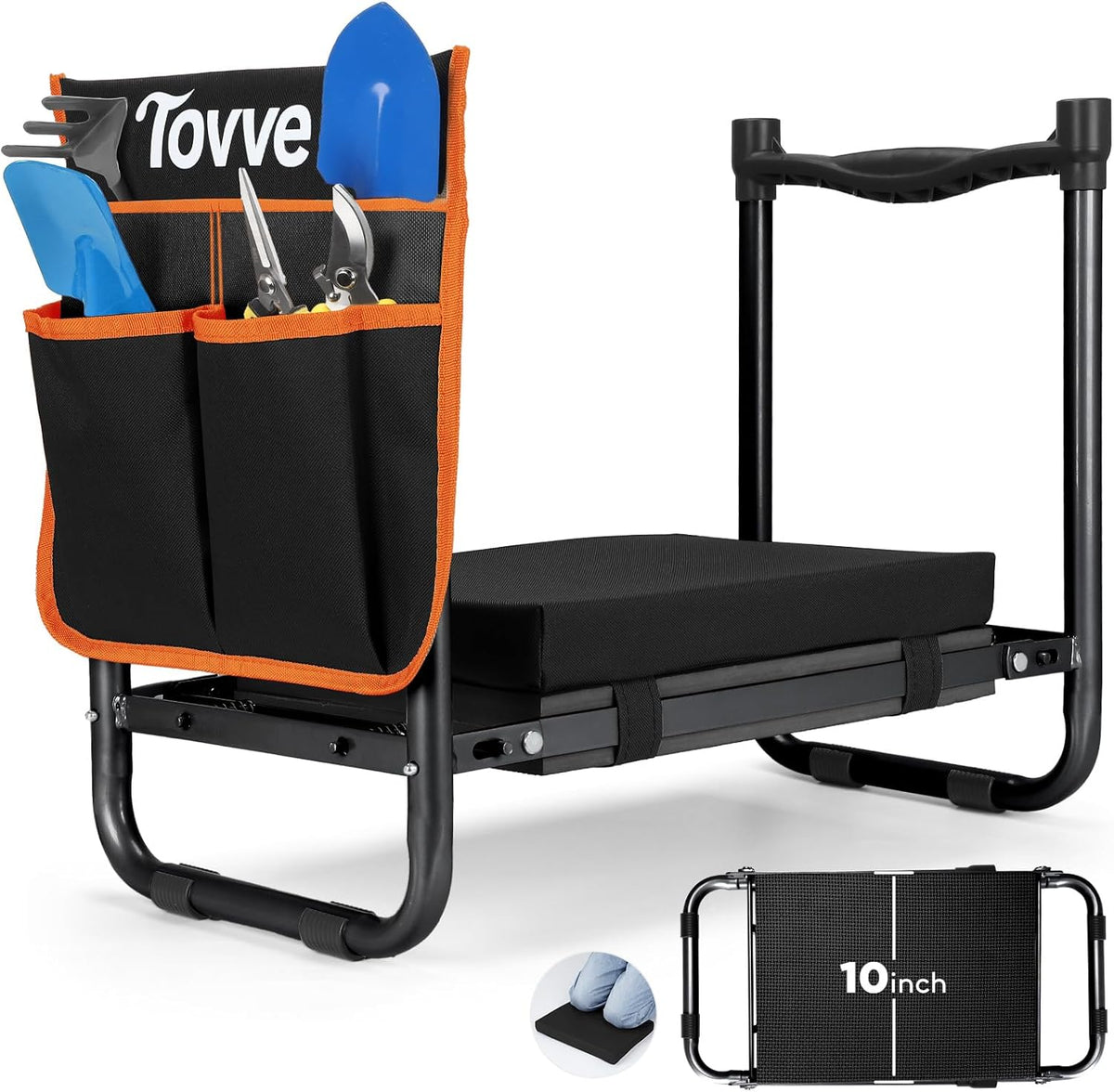 Tovve Foldable Garden Kneeler and Seat, Heavy Duty Garden Stool with 10" Wide Detachable Kneeling Pad, Portable Garden Bench Chair with Large Garden Tool Bag, Gardening Gifts for Women, Seniors, Mom