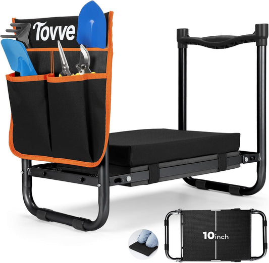 Tovve Foldable Garden Kneeler and Seat, Heavy Duty Garden Stool with 10" Wide Detachable Kneeling Pad, Portable Garden Bench Chair with Large Garden Tool Bag, Gardening Gifts for Women, Seniors, Mom