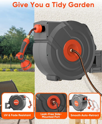 Retractable Garden Hose Reel 90 ft 5/8 inch Automatic Rewind with Any-Length Lock 9 Pattern Nozzle Sprayer 180° Swivel Wall-Mounted Hose Reel for Home Yards