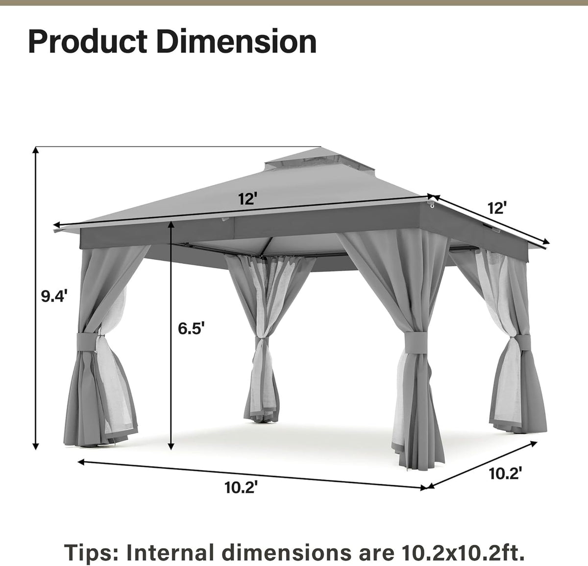 10x20 Gazebo Canopy with 100FT String Lights, Metal Heavy Duty Patio Canopy Tent with Double Roofs, Mosquito Nettings and Privacy Screens for Backyard, Garden, Lawn, Gray