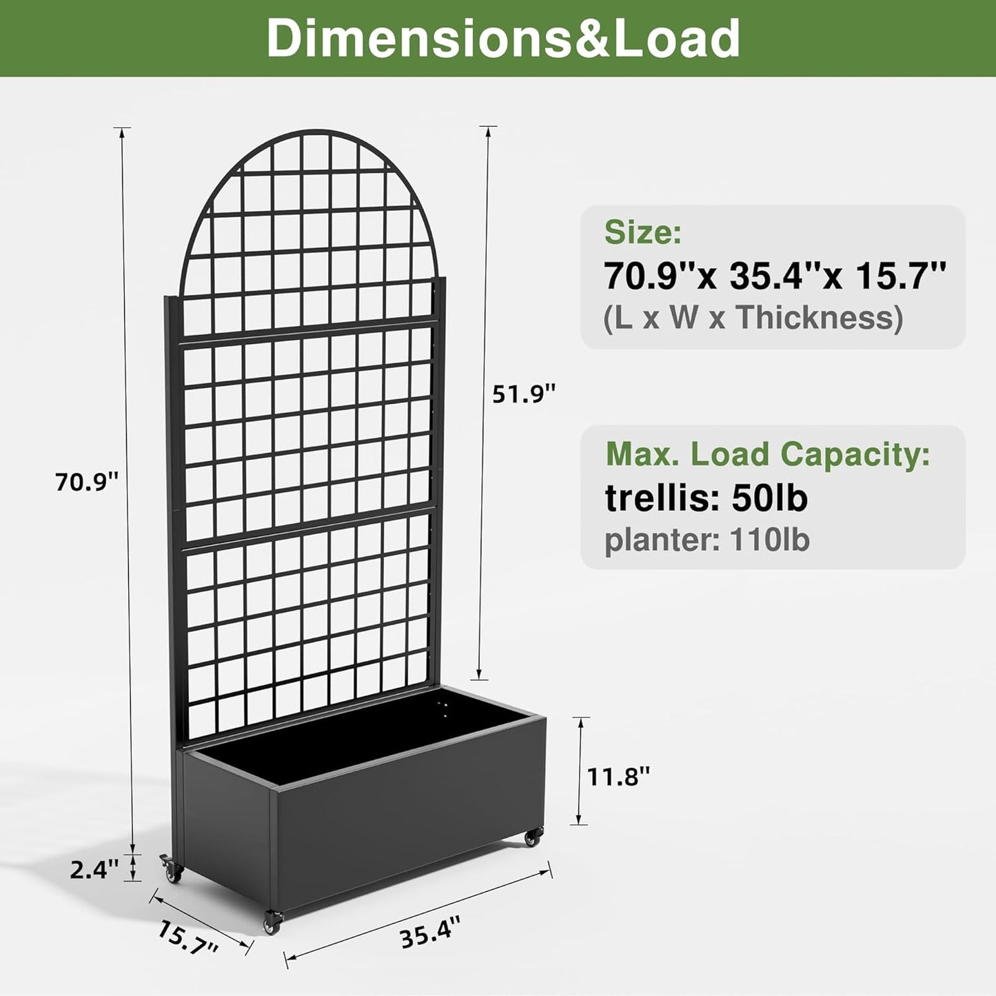 Casaphoria Metal Raised Garden Bed with Trellis and Wheels, 72"x47"x16" Planter Box for Climbing Plants, Vegetables & Vines, Features Drainage Holes and Privacy Screen (Black-Louver) - Colors B