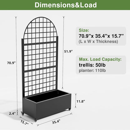 Casaphoria Metal Raised Garden Bed with Trellis and Wheels, 72"x47"x16" Planter Box for Climbing Plants, Vegetables & Vines, Features Drainage Holes and Privacy Screen (Black-Louver) - Colors B