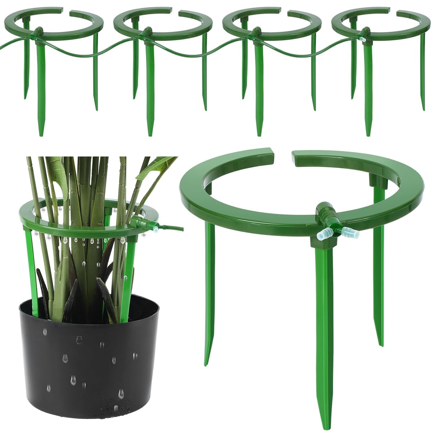 Tujoe 4 Set Water Ring 3 Leg Support Drip Emitter Drip Ring with 1/8 Inch Barbed Inlet Fitting Removable Stakes for Grow Media Irrigation System Rain Watering Tree Plants, Green (5 Inch)
