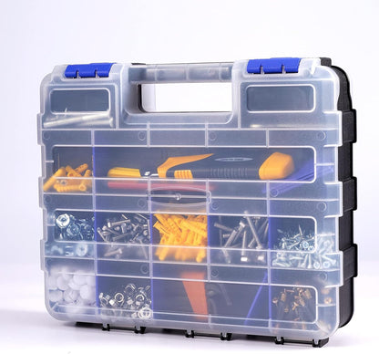Small Parts Storage Case Tools Box Organizer Double Side 34 Compartments Hardware Organizers with Removable Plastic Dividers for Screws Nuts Nails Bolts