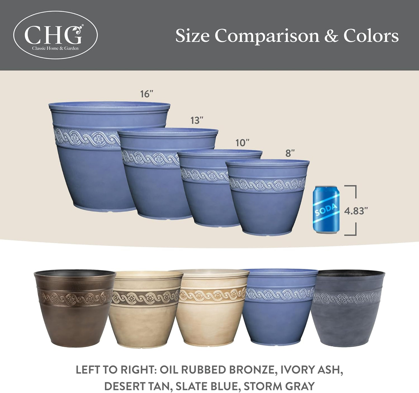 Classic Home and Garden Corinthian Resin Planter Pot - Outdoor & Indoor Plant Pot - Round Planter for Plants & Flowers (10" Storm Gray, Pack of 1)