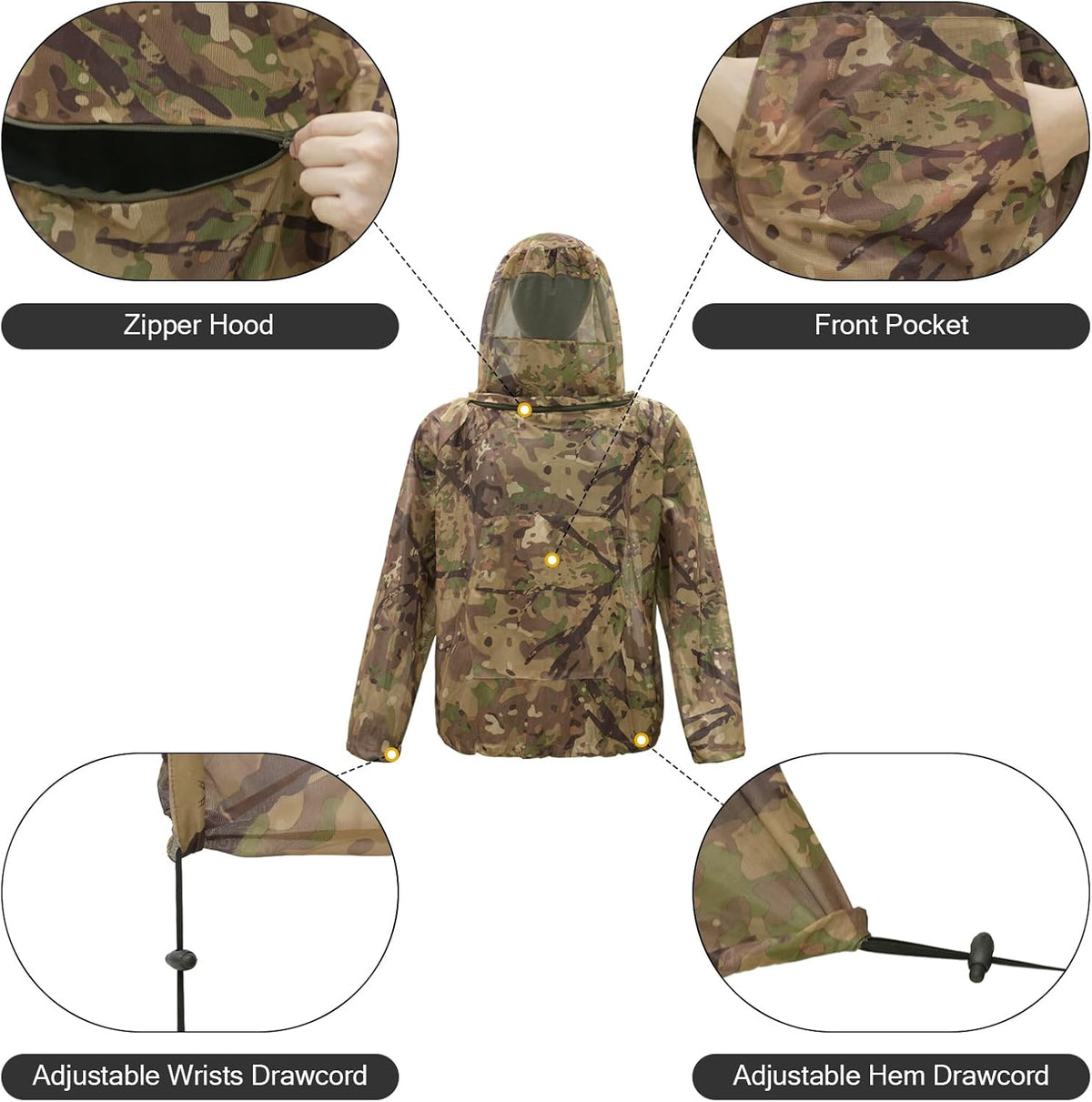 Mosquito Netting Suit Bug Net Mesh Clothing with Hood Outdoor Garden Hunting Camo Protection from Fly Insects Bugs