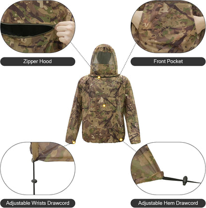 Mosquito Netting Suit Bug Net Mesh Clothing with Hood Outdoor Garden Hunting Camo Protection from Fly Insects Bugs