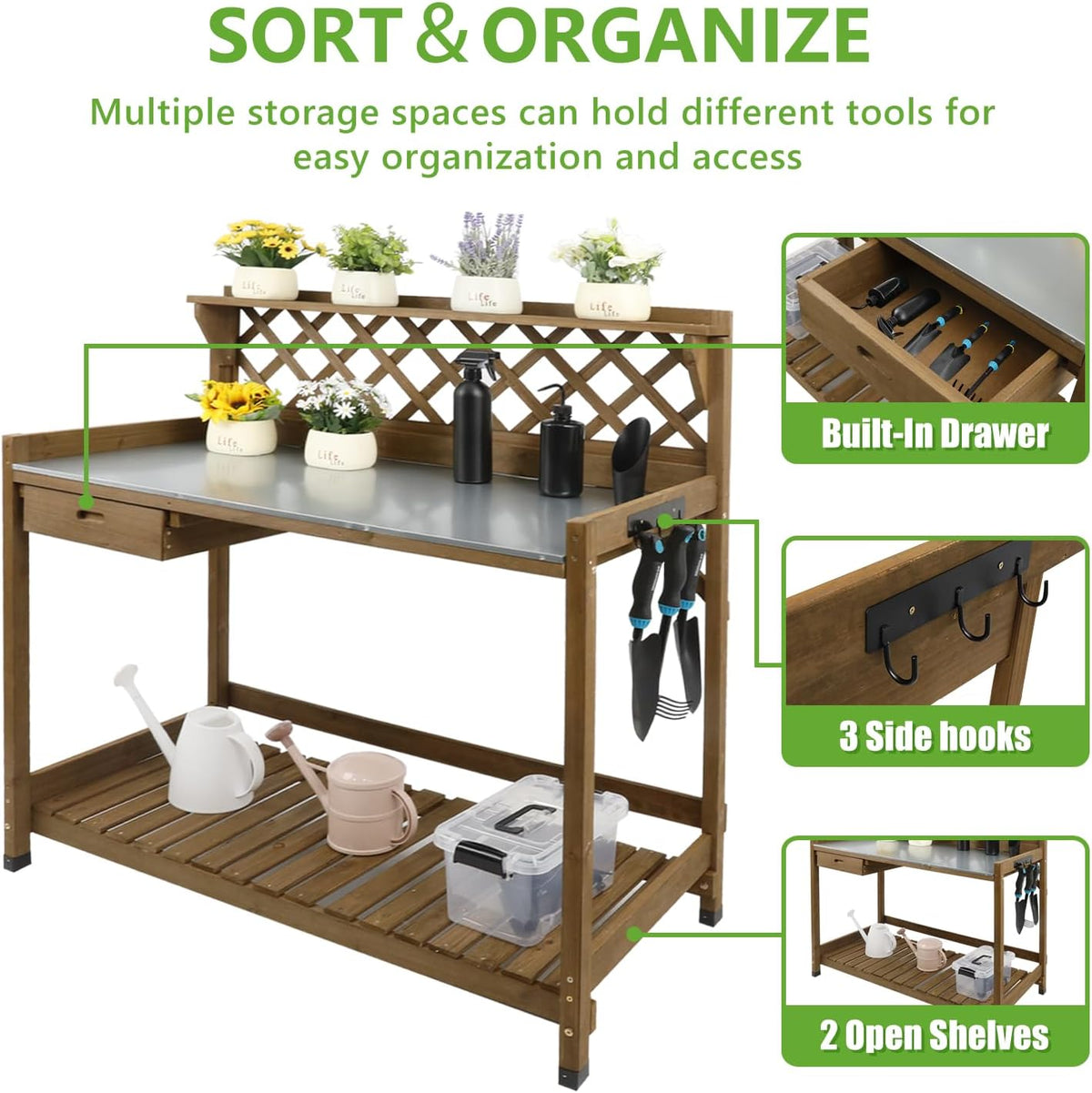 PetsCosset Folding Garden Potting Bench Table，Outdoor Wooden Work Station W/Metal Table Top,2 Tier Open Storage Rack,Top Shelf-Natural Stained