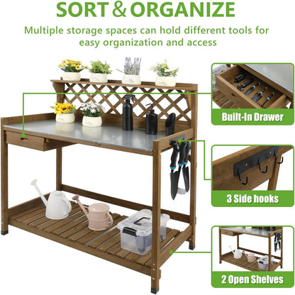 PetsCosset Folding Garden Potting Bench Table，Outdoor Wooden Work Station W/Metal Table Top,2 Tier Open Storage Rack,Top Shelf-Natural Stained