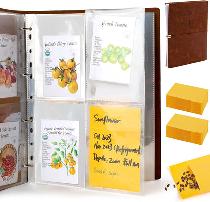 Seed Packet Organizer Binder, Garden Planner Packet with 25 Pack Clear Pocket Sleeves(Slot 3.9" x 5.5") 50Pcs Seed Storage Envelopes, Fit for Standard Seed Packets