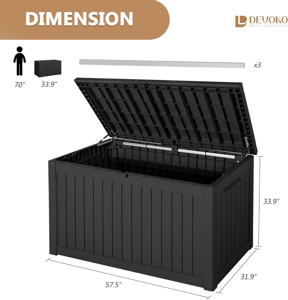Devoko 100 Gallon Waterproof Large Resin Deck Box Indoor Outdoor Lockable Storage Container for Patio Furniture Cushions Garden Tools (100 Gallon, Black)