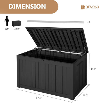 Devoko 100 Gallon Waterproof Large Resin Deck Box Indoor Outdoor Lockable Storage Container for Patio Furniture Cushions Garden Tools (100 Gallon, Black)
