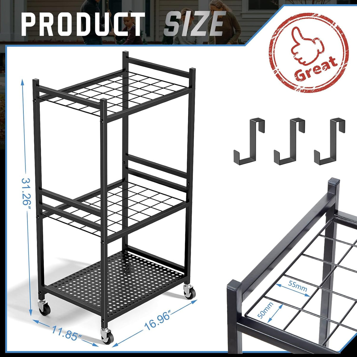 DAOUTIME Garden Organizer With Wheels, Yard Tower Rack for Garage Storage, Up to 35 Long-Handled Tools, Sturdy Metal Steel Holder With 3 Hooks, Outdoor, Black
