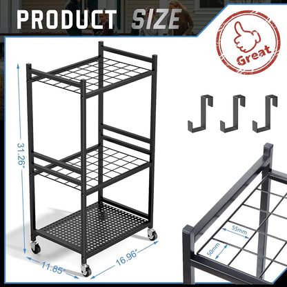 DAOUTIME Garden Organizer With Wheels, Yard Tower Rack for Garage Storage, Up to 35 Long-Handled Tools, Sturdy Metal Steel Holder With 3 Hooks, Outdoor, Black