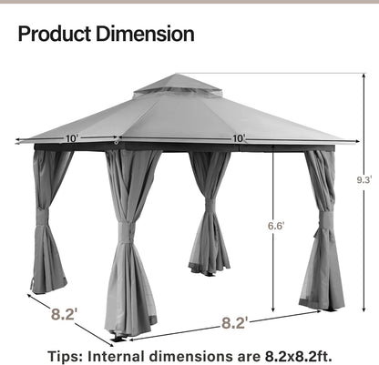 10x20 Gazebo Canopy with 100FT String Lights, Metal Heavy Duty Patio Canopy Tent with Double Roofs, Mosquito Nettings and Privacy Screens for Backyard, Garden, Lawn, Gray