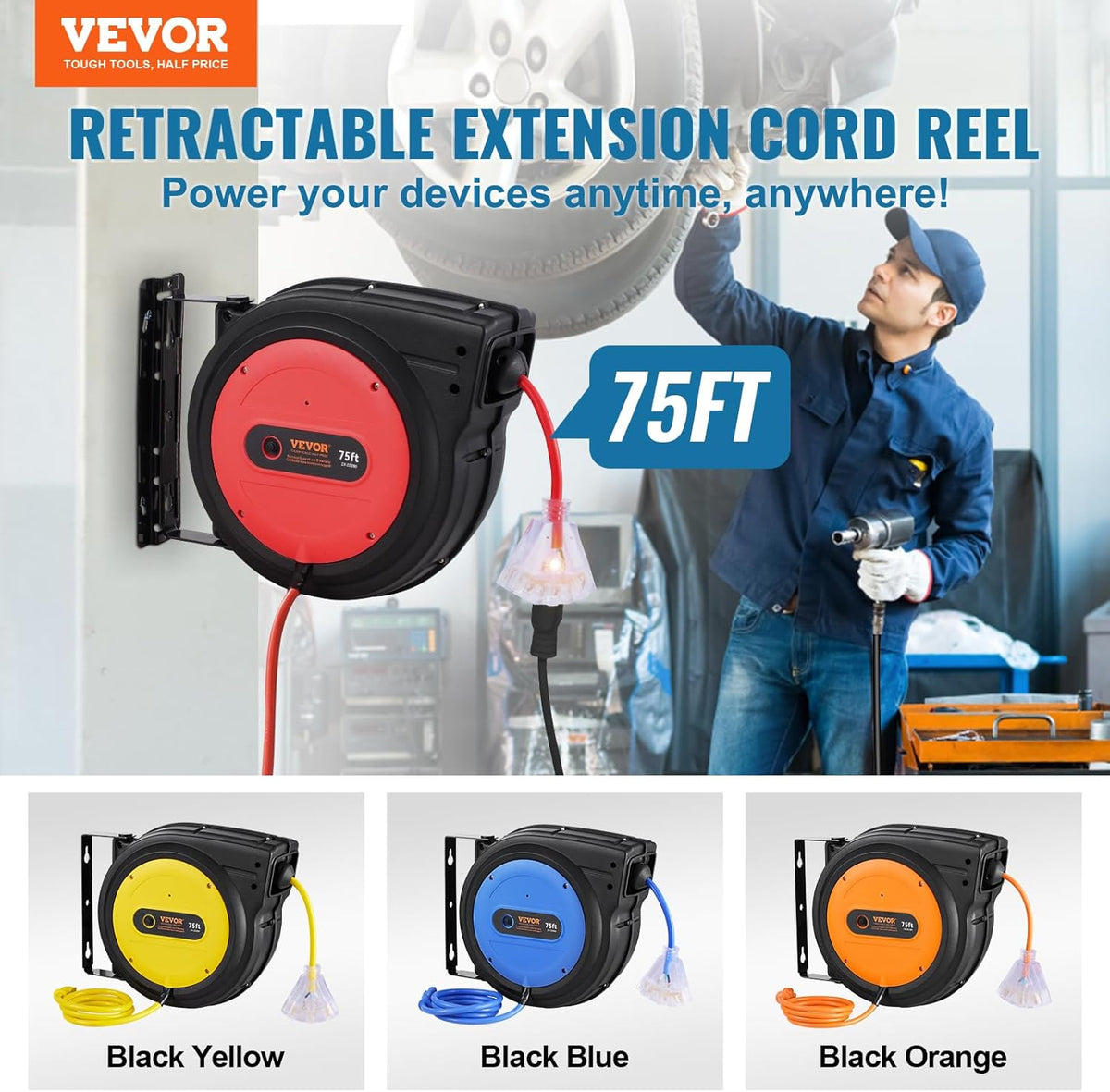 65FT Retractable Extension Cord Reel, Heavy Duty 12AWG/3C SJTOW Cord