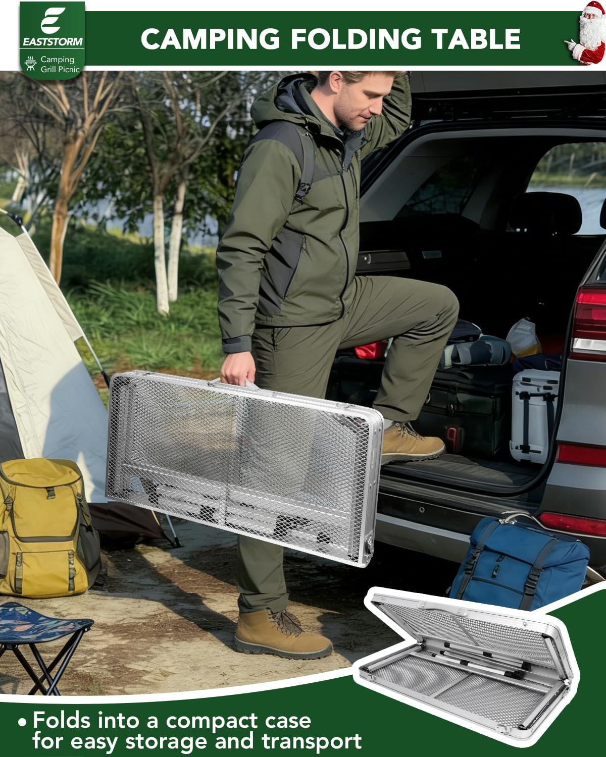 2Ft Small Folding Table with Carry Handle, Camping Table Adjustable Height 10.6–22 in, Black Metal Mesh, Portable & Compact for Outdoor/Indoor,Grill Table, 23.6×15.8 in, 4 lb, 66 lb Capacity