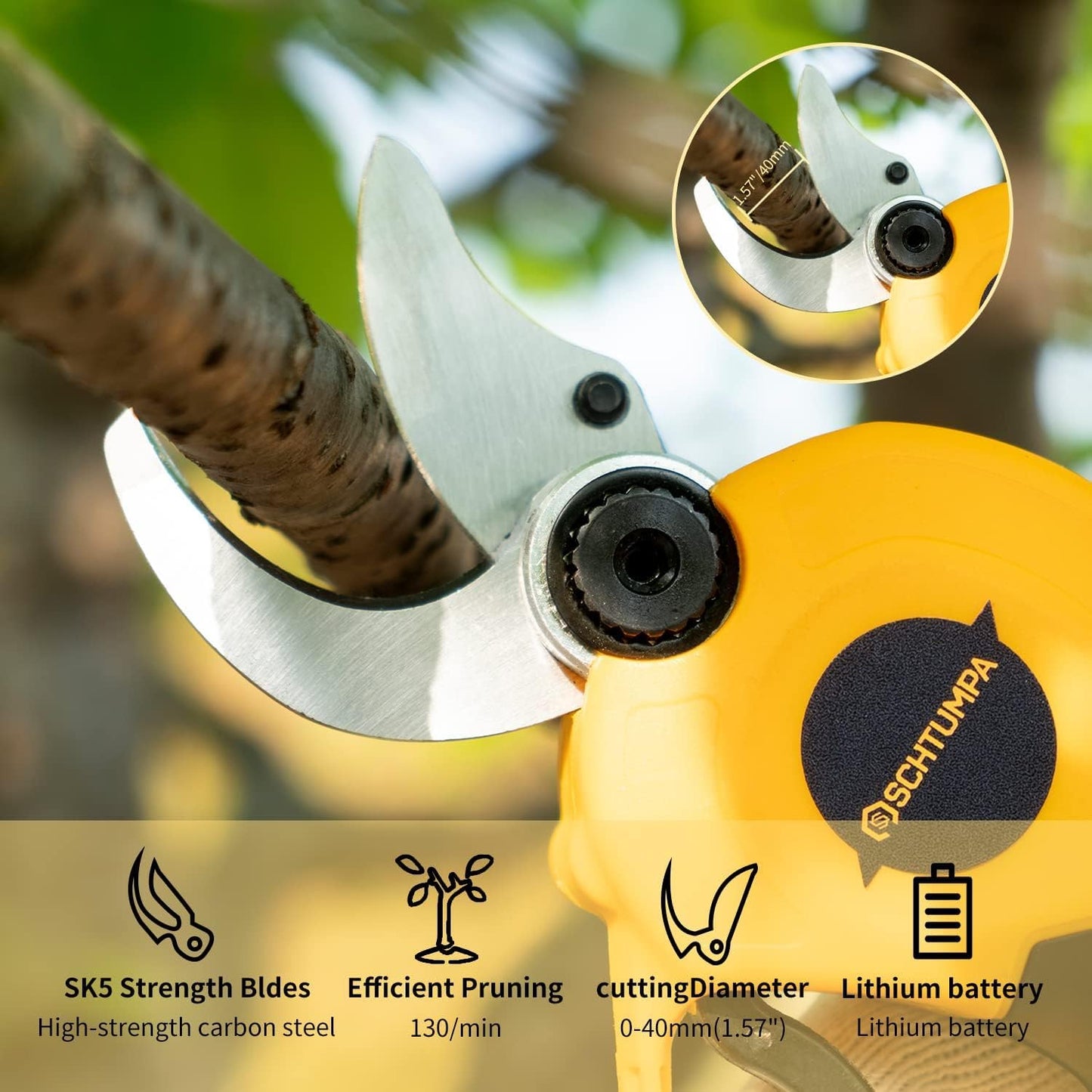 21v Electric Pruning Shears, 1.6" (40mm) Cutting Diameter Pruning Shears for Gardening Branch Cutter with Replacement Blade Set, 2 Batteries and Charger