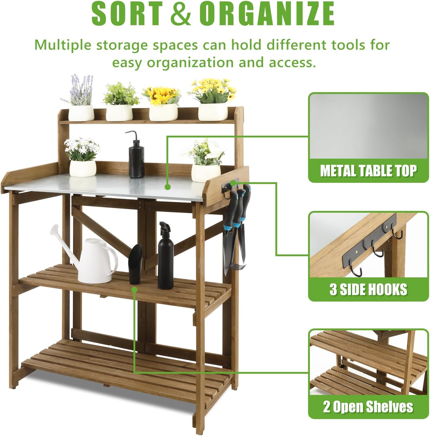 PetsCosset Folding Garden Potting Bench Table，Outdoor Wooden Work Station W/Metal Table Top,2 Tier Open Storage Rack,Top Shelf-Natural Stained